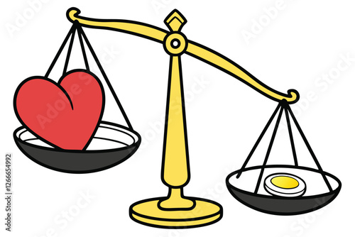  A digital illustration of a whimsical, playful scale with a red heart on top of the left side and a black, egg-shaped weight hanging from the bottom. The scale has a yellow circular frame and a whi