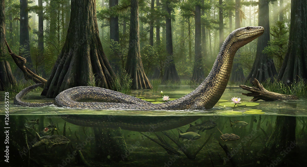 Obraz premium A Titanoboa Slithering Through a Swampy Environment