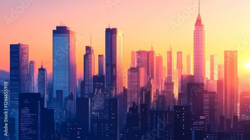 Wallpaper Mural Modern skyscraper silhouettes against a vibrant sunset sky, showcasing sleek architectural lines and urban landscape design for business and corporate themes Torontodigital.ca