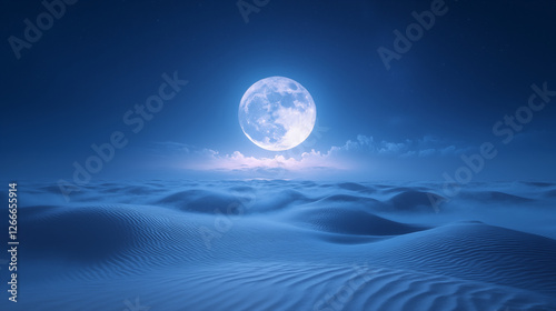 Desert sand dunes under full moon at night, creating ethereal blue landscape with rippled patterns and cloudy sky