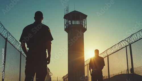 Two prison guards in uniform standing near a towering watchtower, overseeing a highsecurity correctional facility, dramatic shadows and detailed realism photo