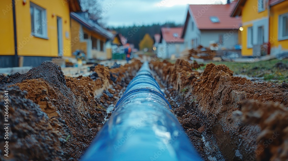 Obraz premium Urban Infrastructure Development: Blue Pipes in a Newly Constructed Residential Area