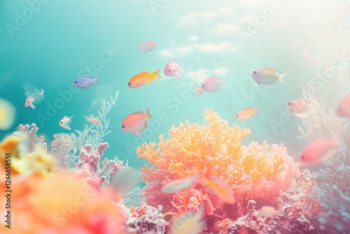 Vibrant coral reef teeming with colorful fish, a serene underwater scene. photo