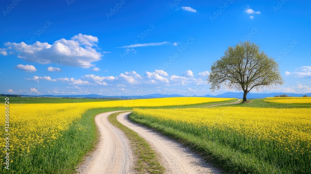 Winding road through sunny rapeseed field, tree, hills