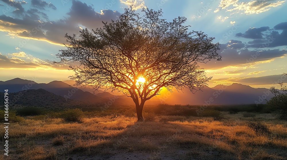 Fototapeta premium Golden sunset over a tree, soft rays of light shining through the branches, casting a beautiful glow over the landscape