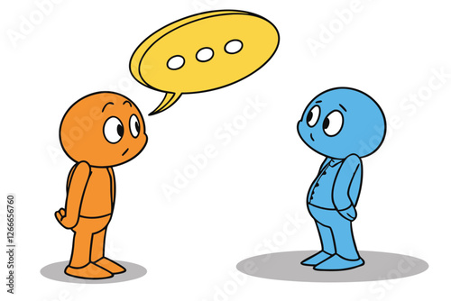  A simple, 3D-rendered illustration of two cartoon-style characters with round heads and no facial features, one orange and one blue, standing on round bases. The orange character is on the left, an
