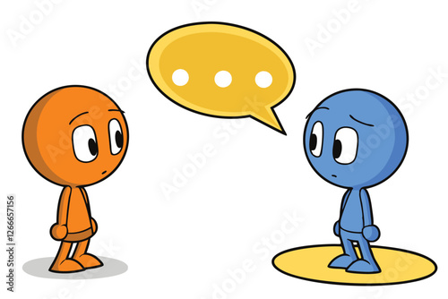  A simple, 3D-rendered illustration of two cartoon-style characters with round heads and no facial features, one orange and one blue, standing on round bases. The orange character is on the left, an