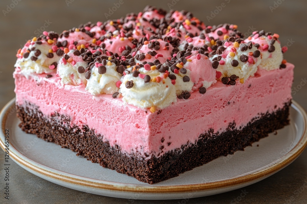 Strawberry ice cream cake with chocolate brownie base, topped with vanilla ice cream and sprinkles. Perfect for dessert menus, food blogs, or articles about sweet treats. Strawberry ice cream cake with chocolate brownie base, topped with vanilla ice cream and sprinkles. Perfect for dessert menus, food blogs, or articles about sweet treats.