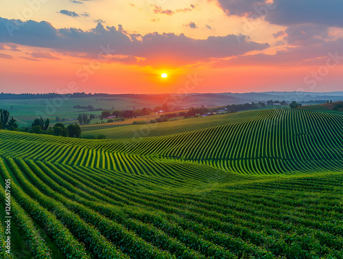Vineyard Sunset Landscape. Beautiful Vineyard Rows at Sunset
