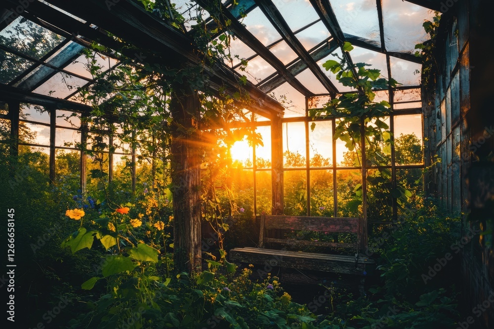 Fototapeta premium Sunlit abandoned greenhouse overgrown with vibrant plants and a weathered bench.
