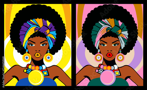 Beautiful black woman with stylish afro haircut portrait, avatar. African American girl with colorful makeup, modern accessories in mid century modern groovy retro 70s style vector illustration.