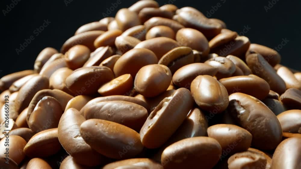 Dramatic tilt up video, the camera displays dark brown pinto beans, showcasing their mottled pattern, piled high with strong side lighting creating deep shadows