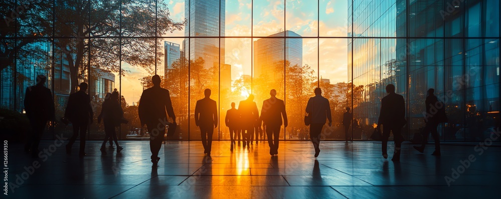 Employees silhouettes leaving the office after layoff announcements, company concept of workforce reduction, dramatic lighting, tense mood, corporate imagery