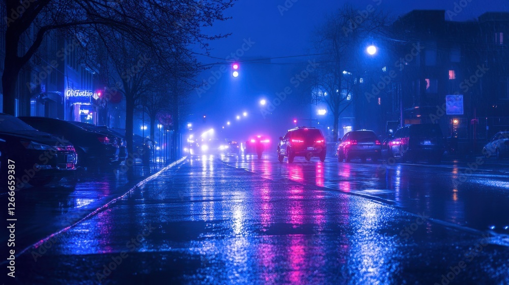 Obraz premium Foggy Night Street Scene with Neon Lights and Reflections in Rain