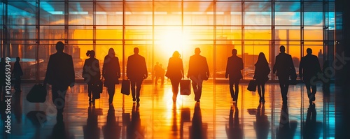 Employees silhouettes leaving the office after layoff announcements, company concept of workforce reduction, dramatic lighting, tense mood, corporate imagery