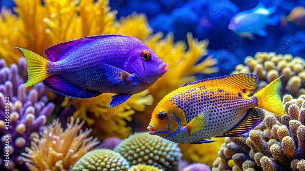 Vibrant Reef Inhabitants A Close-Up View of Two Striking Tropical Fish Amidst a Colorful Coral Garden Vibrant Reef Inhabitants A Close-Up View of Two Striking Tropical Fish Amidst a Colorful Coral Garden