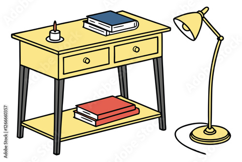  Photo of a small wooden table with a yellow top and black legs, set against a white background. The table has a single drawer and a single shelf on the right side. On the shelf, there is a red book