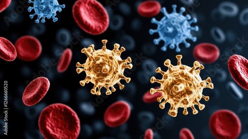 High Resolution Depiction of Glowing Virus and Red Blood Cells in Digital Illustration photo