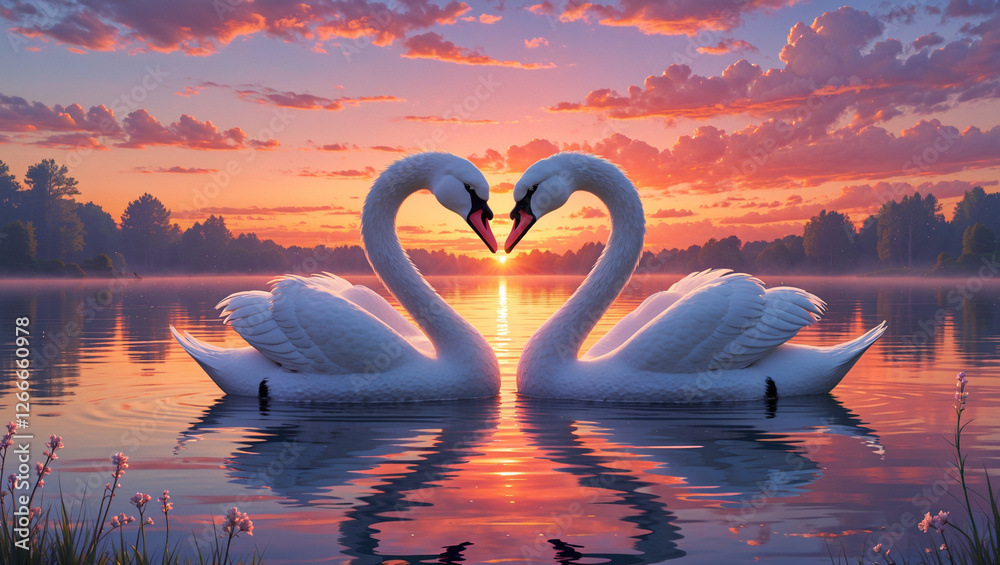 Fototapeta premium Eternal Romance: Two Swans in a Heart-Shaped Embrace at Sunset
