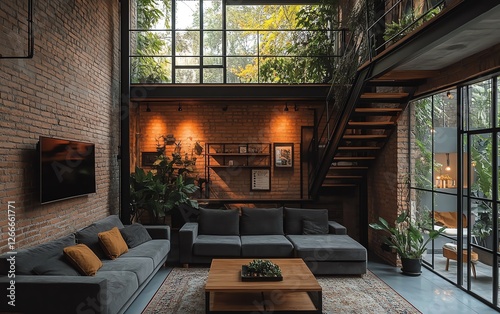 Small mezzanine home with industrialstyle interior design, exposed brick walls, black steel staircase, minimalist furniture, warm lighting, magazinequality photography photo