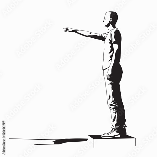 A Man Standing on Stage Pointing His Hand Forward in a Dramatic Vector Illustration