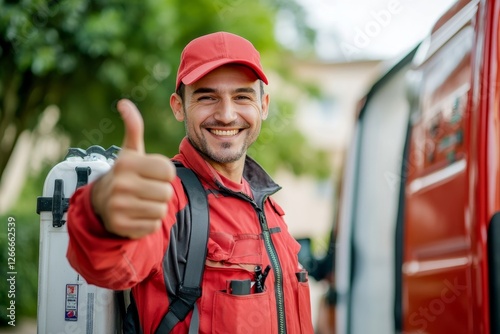 Pest Control Worker Showing Thumbsup By Truck, 