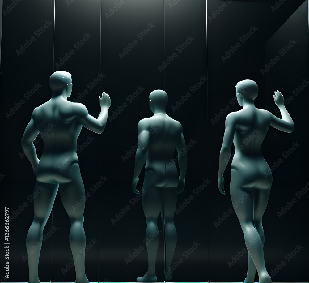 Obraz premium Abstract surrealistic illustration of glass statue several people standing in pose.Concept project.mindfulness and meditation.Futuristic. cyberpunk.innovation different types of poses.generative ai