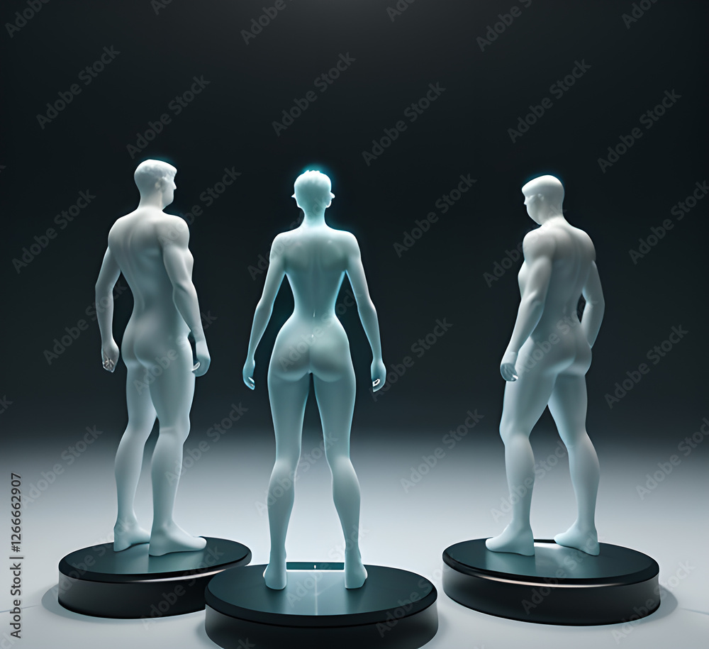 Obraz premium Abstract surrealistic illustration of glass statue several people standing in pose.Concept project.mindfulness and meditation.Futuristic. cyberpunk.innovation different types of poses.generative ai