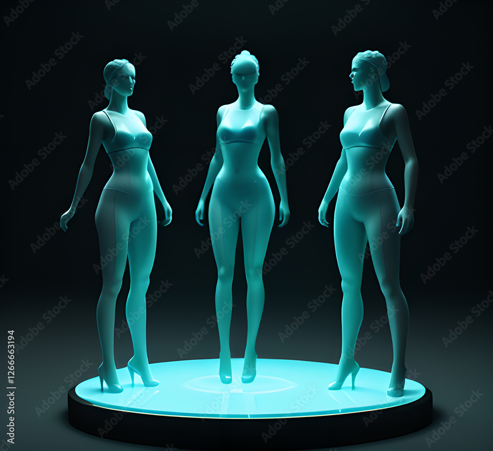 Obraz premium Abstract surrealistic illustration of glass statue several people standing in pose.Concept project.mindfulness and meditation.Futuristic. cyberpunk.innovation different types of poses.generative ai