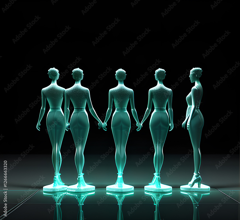 Abstract surrealistic illustration of glass statue several people standing in pose.Concept project.mindfulness and meditation.Futuristic. cyberpunk.innovation different types of poses.generative ai Abstract surrealistic illustration of glass statue several people standing in pose.Concept project.mindfulness and meditation.Futuristic. cyberpunk.innovation different types of poses.generative ai