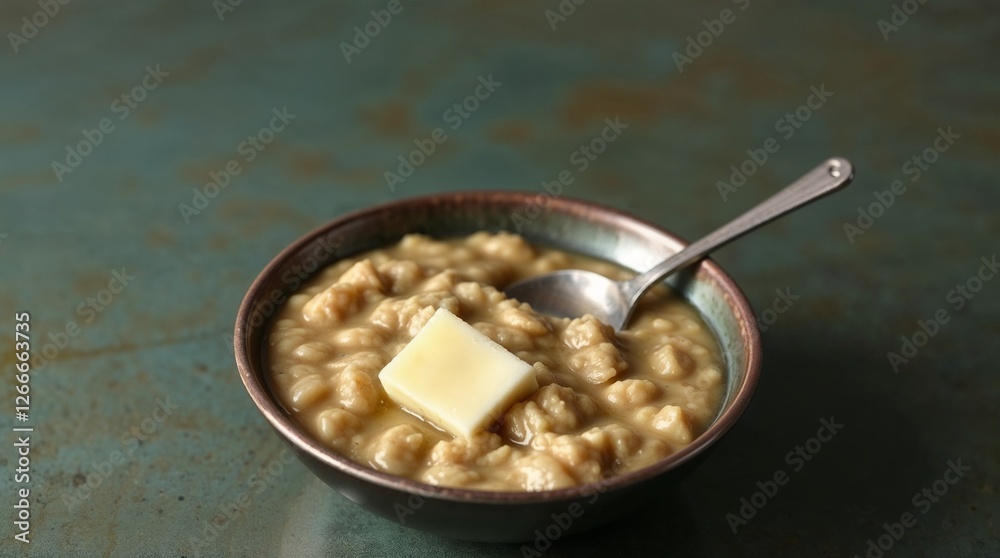 Bowl of hot porridge with butter on rustic background. Healthy breakfast, hot porridge, hot breakfast, Bowl of hot porridge with butter on rustic background. Healthy breakfast, hot porridge, hot breakfast,