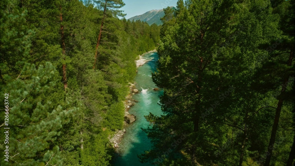 Drone high-angle photo of the turquoise-colored mountain river flowing in the pine woodland with a view of the mountain peaks in the background in Innlandet County, Norway
Drone high-angle photo of the turquoise-colored mountain river flowing in the pine woodland with a view of the mountain peaks in the background in Innlandet County, Norway