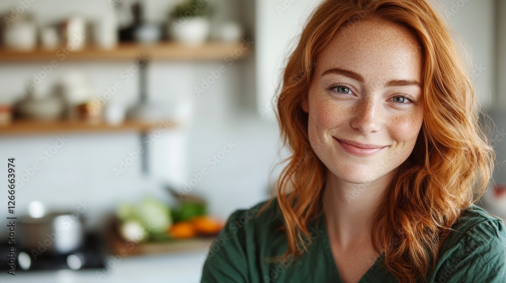 Obraz premium blonde-haired woman wearing a green dress making a delicious meal with vegetables in a modern white kitchen while looking at the camera 