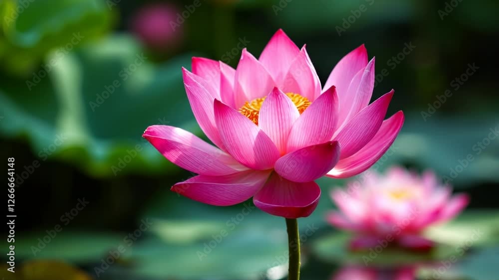 Blooming Pink Lotus Flower in Pond Water with Green Leaves Blooming Pink Lotus Flower in Pond Water with Green Leaves