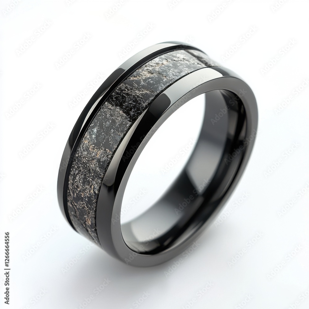 black titanium ring with an embedded meteorite black titanium ring with an embedded meteorite