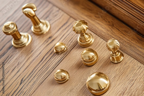 Collection of golden door knobs and handles displayed on a wooden surface.