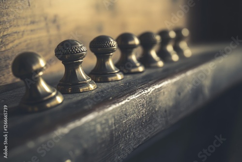 A row of ornate, metallic finials sits on a weathered wooden surface, bathed in warm light. photo