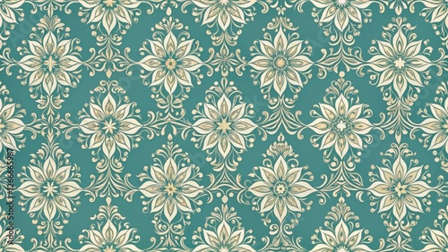 Elegant Teal and Beige Floral Damask Pattern for Textile and Wallpaper Designs