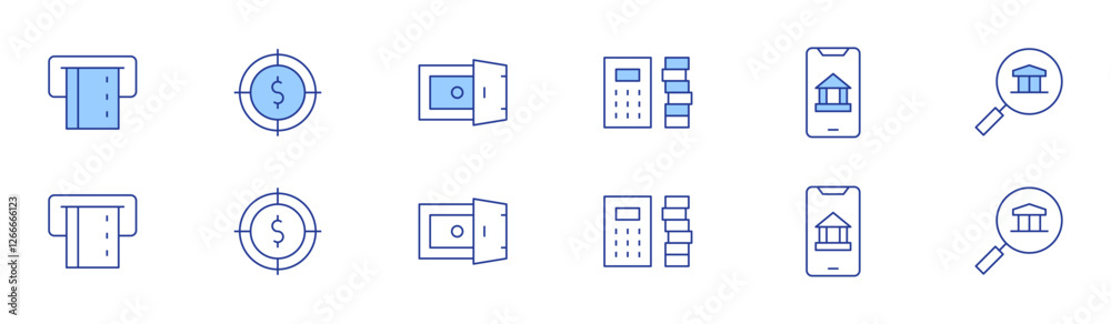 Banking icon set in two styles, Duotone and Thin Line style. Editable stroke. calculator, credit card, online banking, search, target, vault Banking icon set in two styles, Duotone and Thin Line style. Editable stroke. calculator, credit card, online banking, search, target, vault