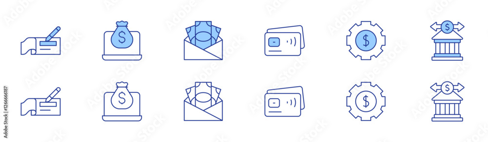 Banking icon set in two styles, Duotone and Thin Line style. Editable stroke. checkbook, credit card, digital economy, money, money management, wire transfer Banking icon set in two styles, Duotone and Thin Line style. Editable stroke. checkbook, credit card, digital economy, money, money management, wire transfer