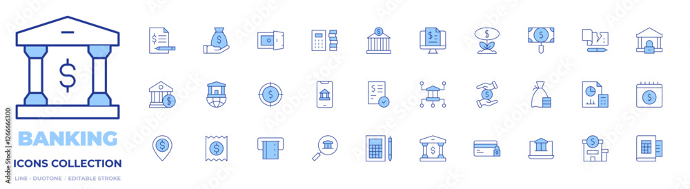 Banking icons collection. Line Duotone style, editable stroke. account, accountant, bank, bank check, bill, billing, book, calculator, calendar, credit card, vault Banking icons collection. Line Duotone style, editable stroke. account, accountant, bank, bank check, bill, billing, book, calculator, calendar, credit card, vault