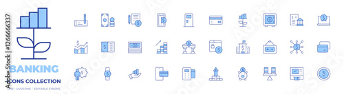 Banking icons collection. Line Duotone style, editable stroke. atm, bank, banking, cost, credit card, dollar bill, dollar coins, growth, internet banking, money