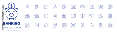 Banking icons collection. Thin Line icons, editable stroke. account, accountant, bank, bank check, bill, billing, book, credit card, focus, funding, investment