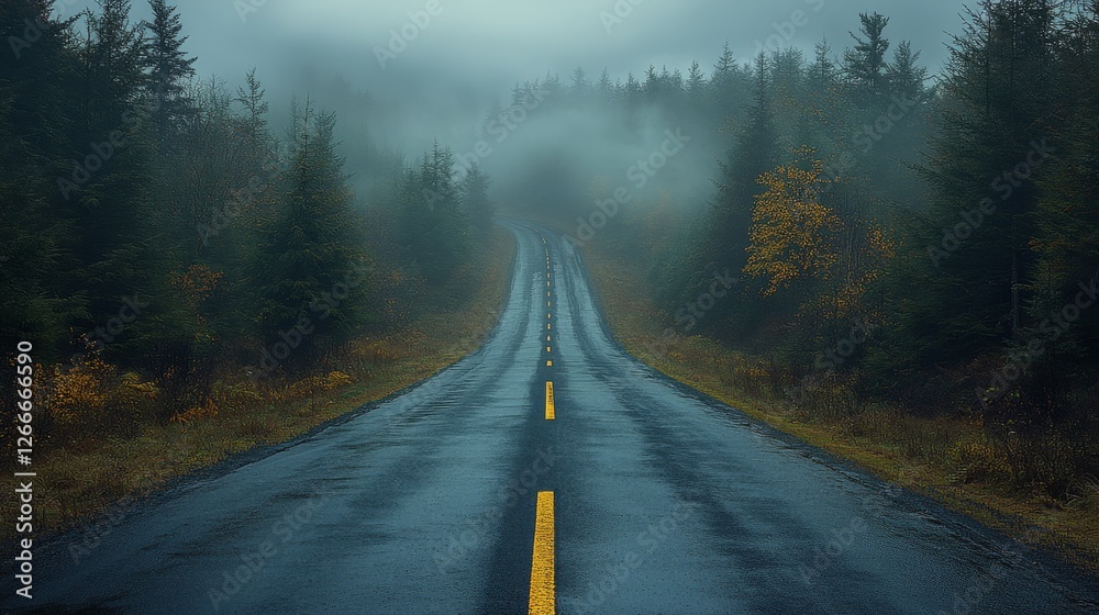 Obraz premium Misty autumn road disappearing into foggy forest.
