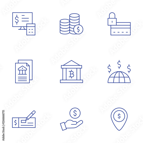 Banking icons set. Thin Line style, editable stroke. accounting, bank, bank check, coins, credit card, global, income, location