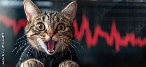 A charming tabby cat reacts with surprise against the background of a red financial graph.