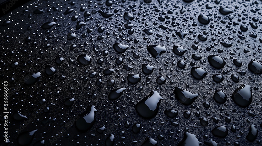Water drops on black metal surface. Shallow depth of field.