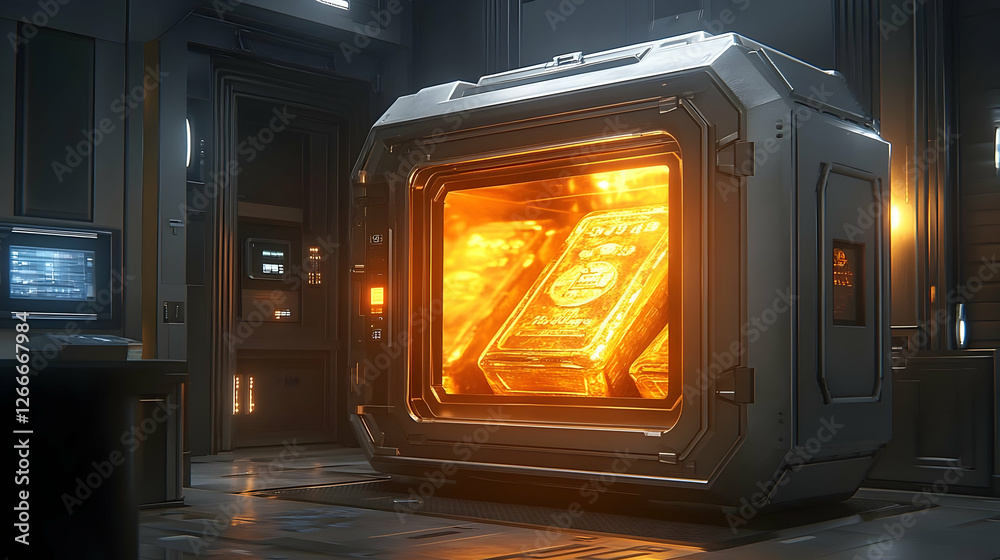 Fototapeta premium Futuristic vault with glowing gold bars