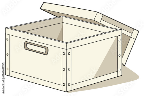  A photograph of a plain, beige cardboard box with an open top flap, set against a plain white background. The box is rectangular with a slightly tapered shape, and the flaps are evenly spaced and a