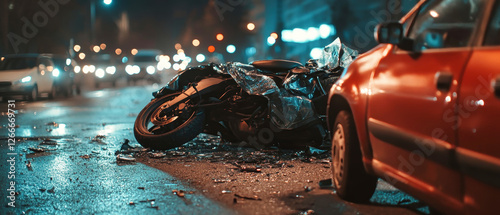 Collision aftermath captured in the city streets at dusk highlighting a motorcycle and car encounter